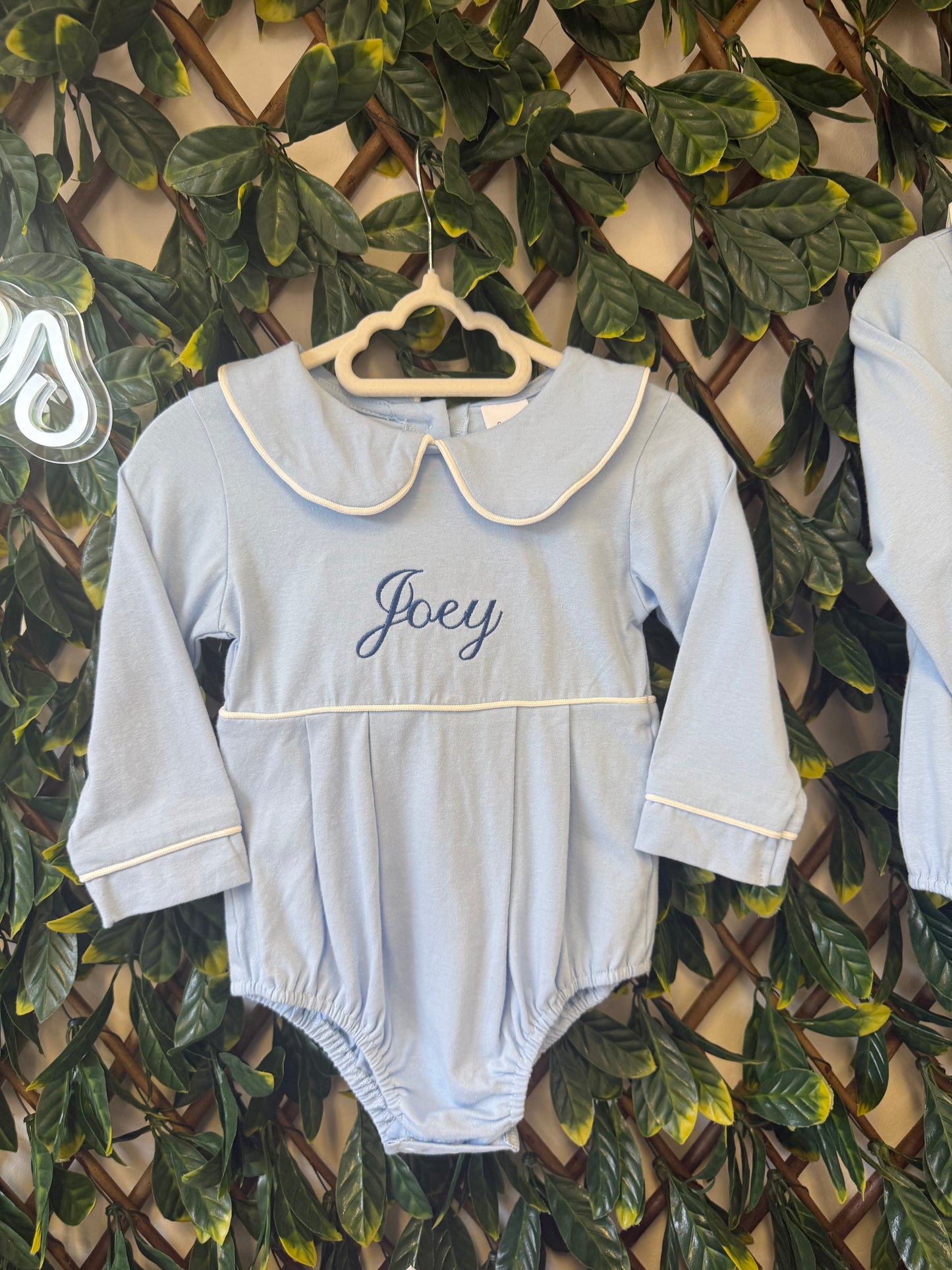 Embroidered Long sleeved collared romper - pink, blue or white