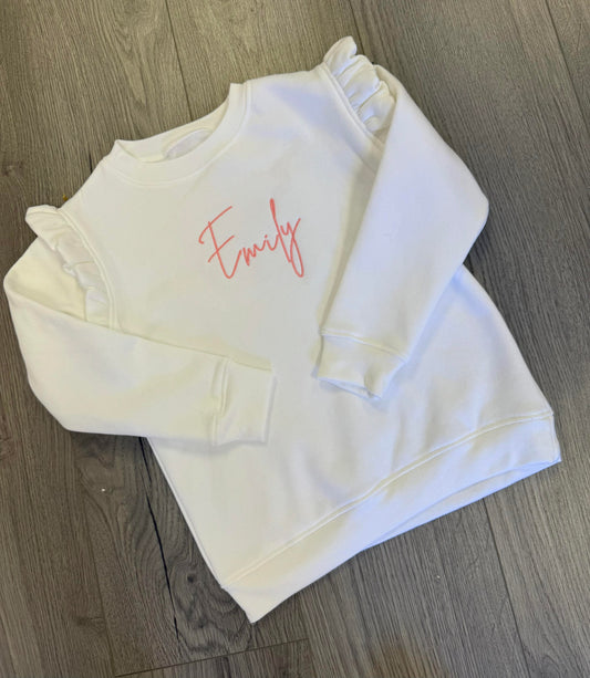 Embroidered White frilled sweatshirt