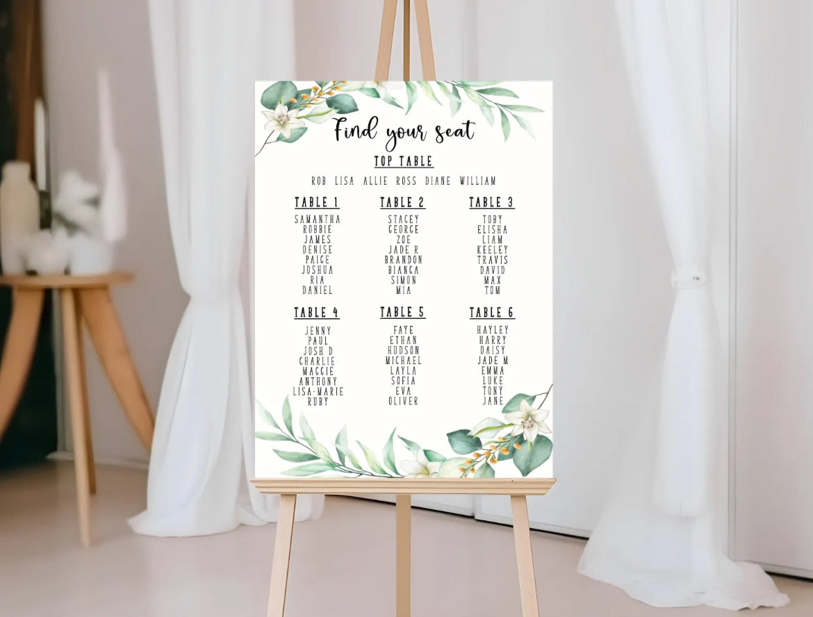 Wedding Beautiful Greenery – Seating Plan 1-6 Tables