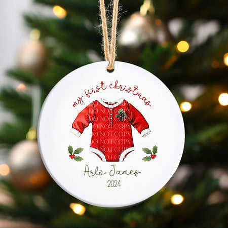 Ceramic bauble - 1st Christmas red romper
