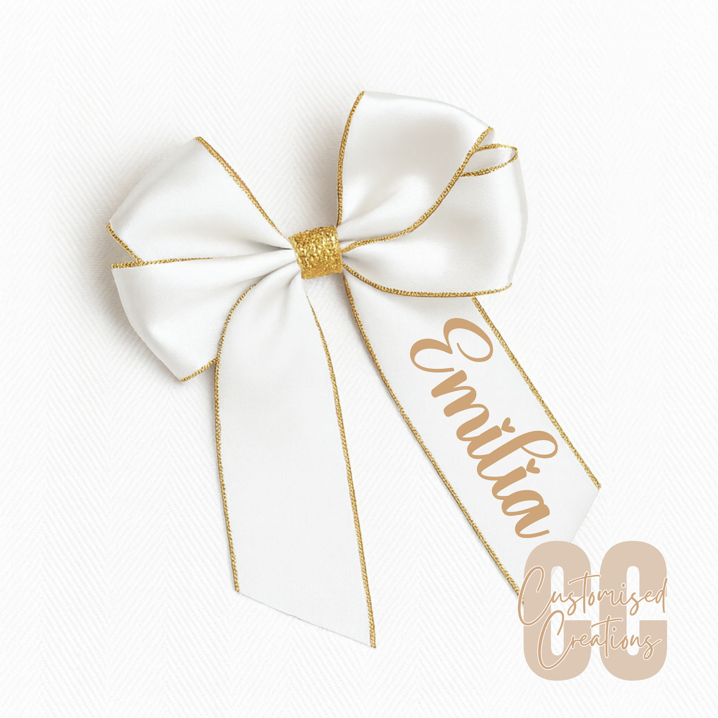 6inch hair bow - white/gold glitter