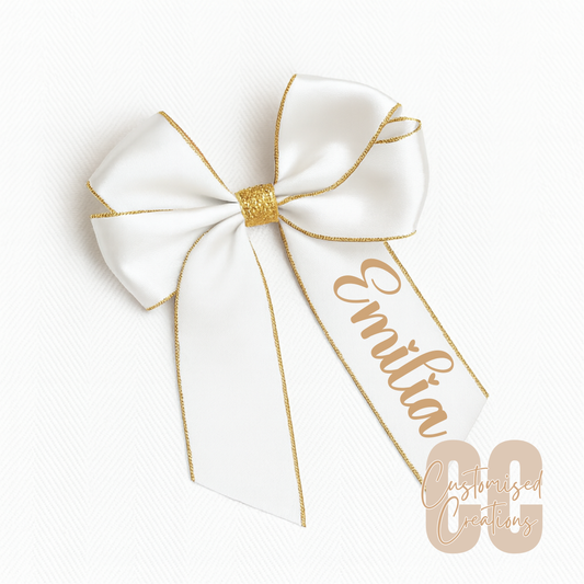 6inch hair bow - white/gold glitter