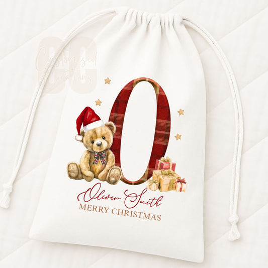 Bear initial Christmas drawstring gift bag
