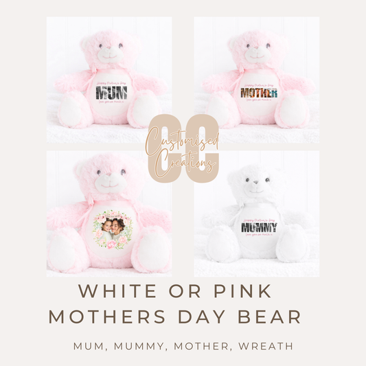 Personalised Pink or White Mumbles Teddy Bear – Photo Mum, Mummy, Mother or Wreath Design