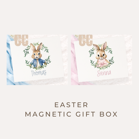 Personalised Easter Magnetic Gift Box – Wreath Rabbit Design (Pink or Blue)