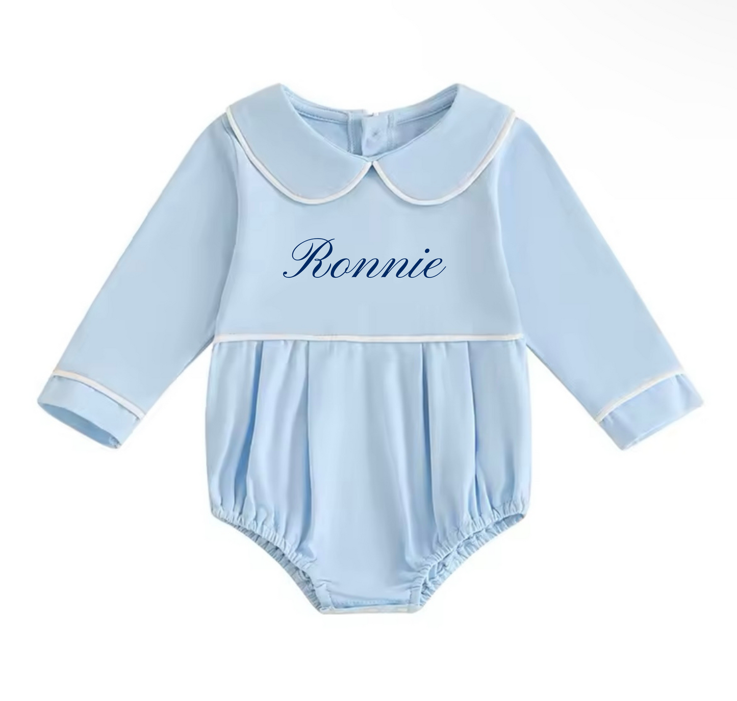 Embroidered Long sleeved collared romper - pink, blue or white