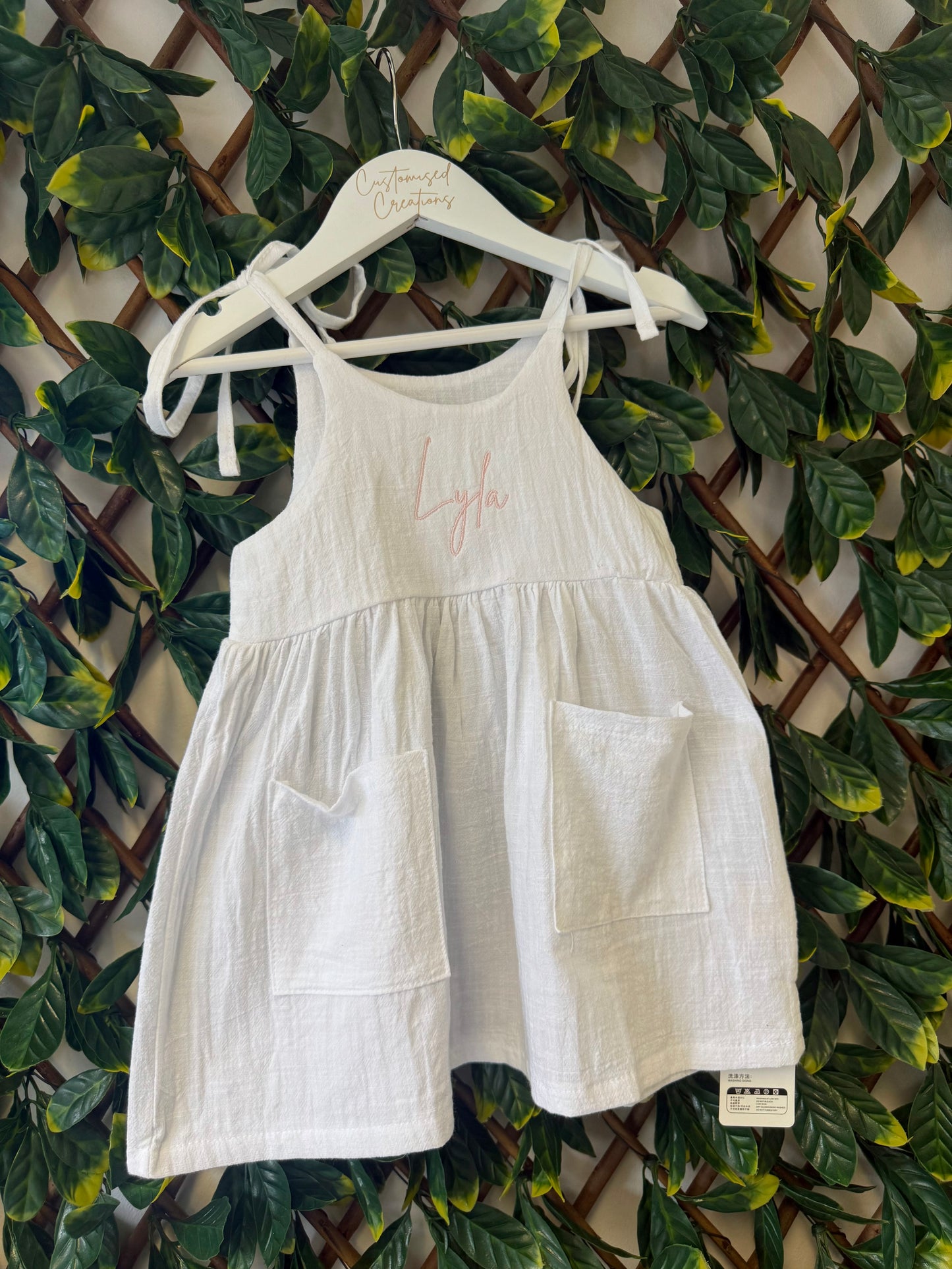 Personalised Girls Summer Dress – Name Detail & Tie Straps - Various Colours