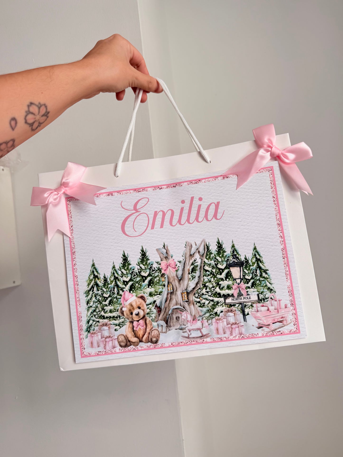 Pink bear christmas gift bag