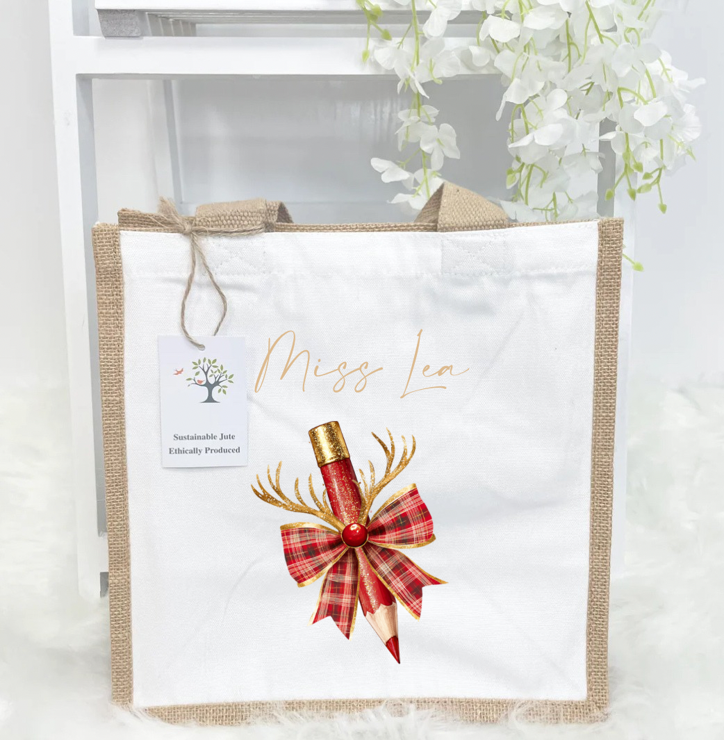 Red bow pencil teacher jute bag