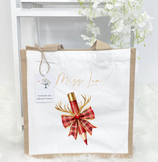 Red bow pencil teacher jute bag