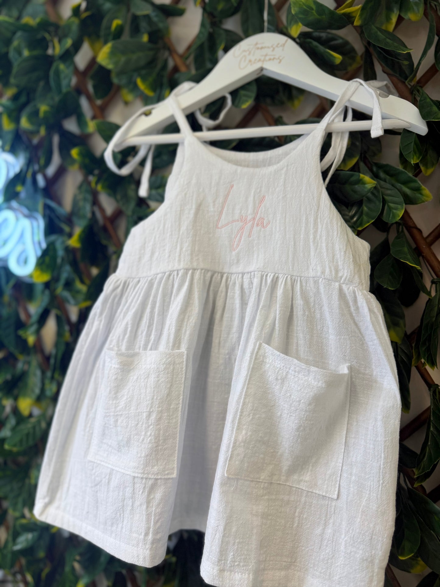 Personalised Girls Summer Dress – Name Detail & Tie Straps - Various Colours