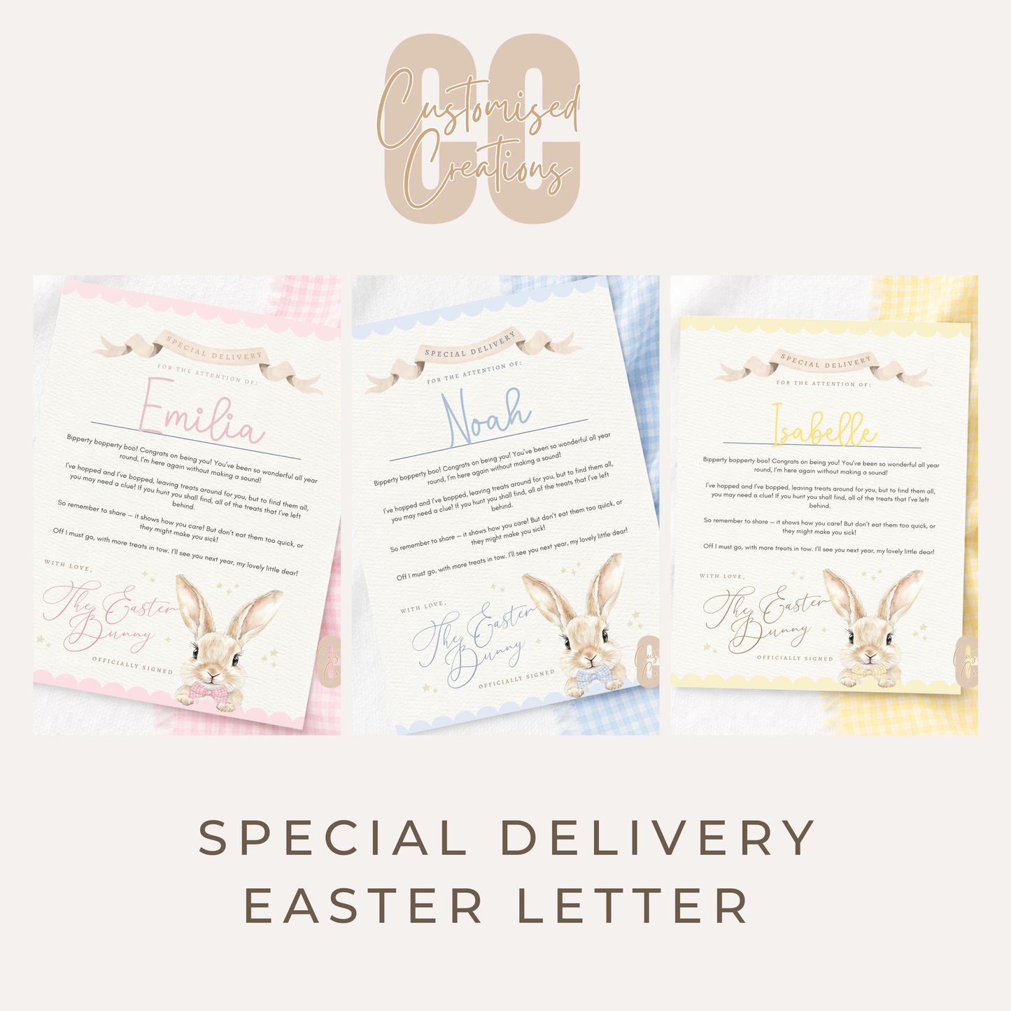 Personalised Easter Letter – Pink, Yellow, or Blue Bunny with Scalloped Edges
