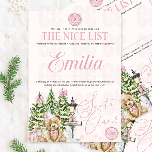 Personalised nice list letter - pink