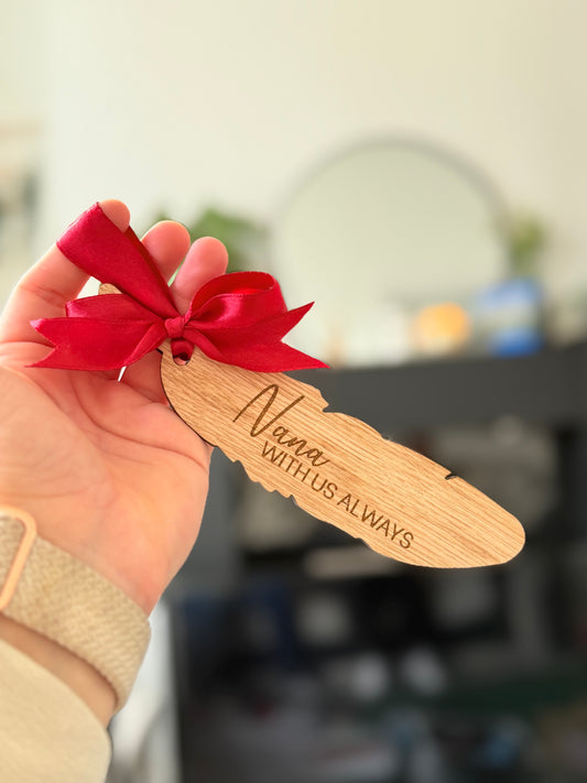 Wooden engraved Christmas feather bauble