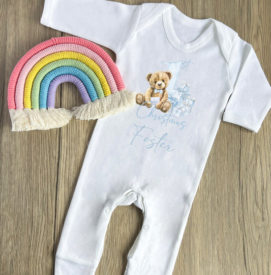 Blue bear 1st Christmas babygrow