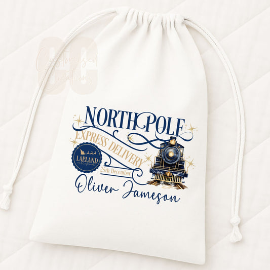 Navy North Pole Christmas drawstring gift bag