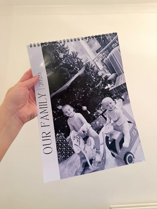 Personalised photo calendar for 2026. Our family. Black and white