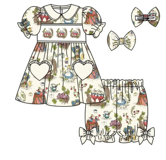 Alice smocked dress and bloomers set with hair bows
