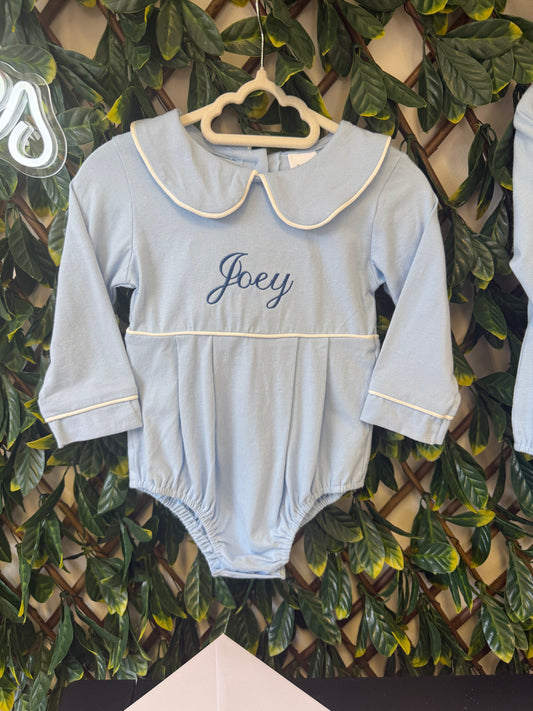 Embroidered Long sleeved collared romper - pink, blue or white