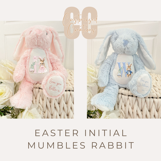 Personalised Mumbles® Bunny – Easter Rabbit Initial Design (Pink or Blue)
