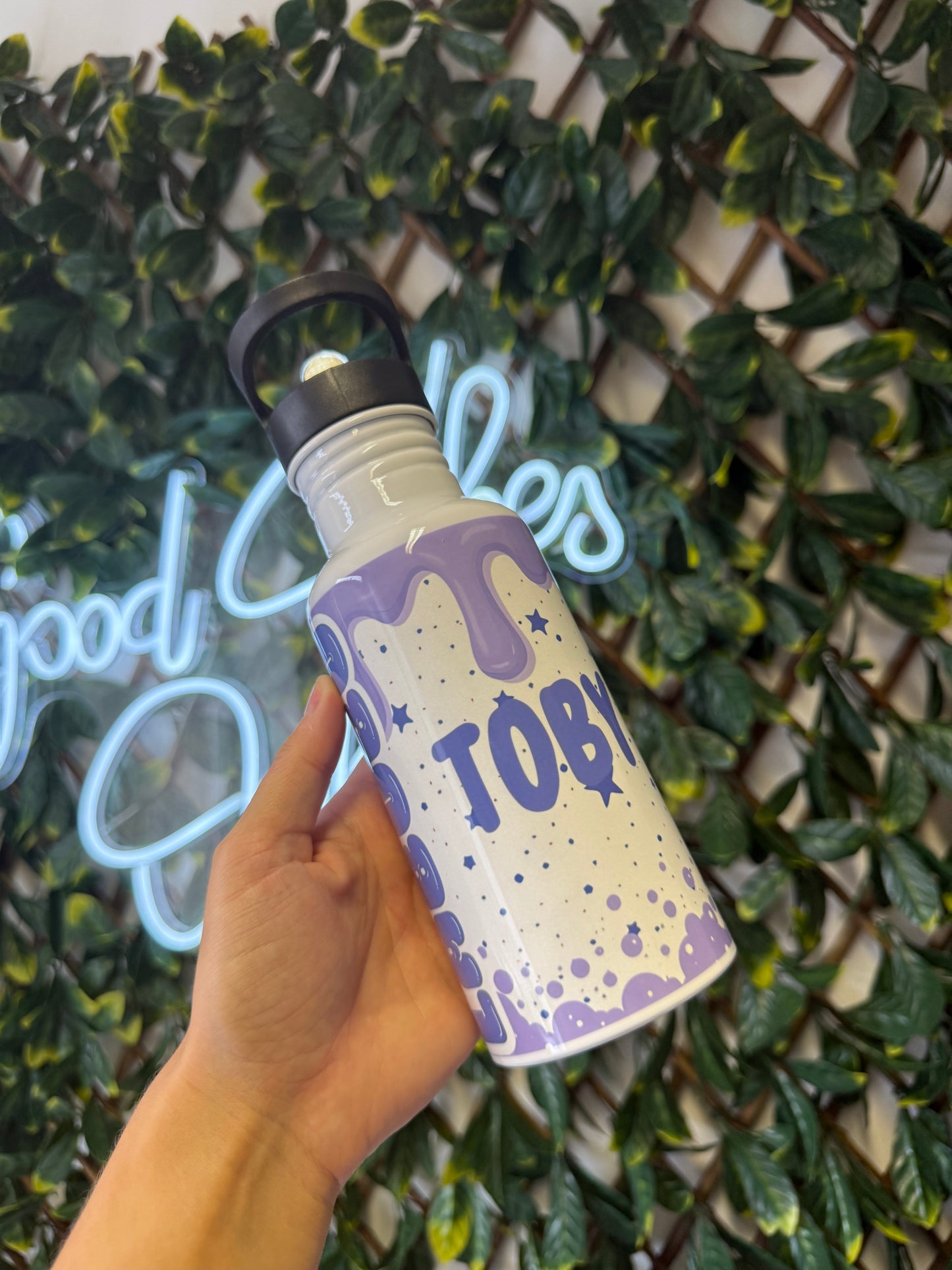 Stainless steel flip straw water bottle - blue Labubu