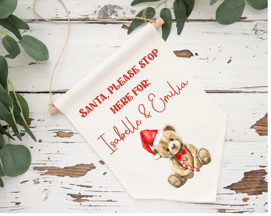Christmas Santa stop here pennant - red bear