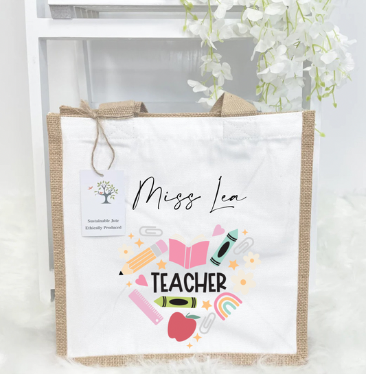 Heart teacher pink teacher jute bag