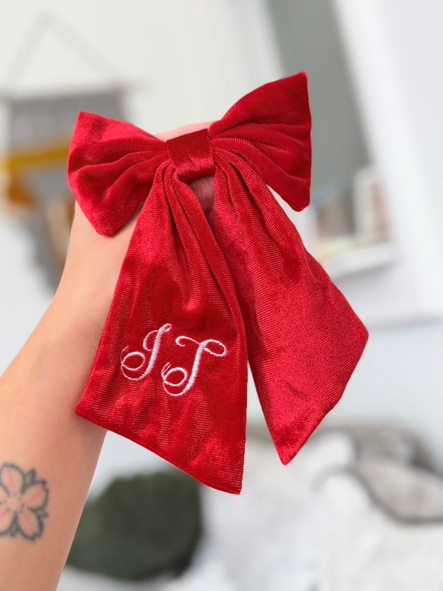 Red velvet embroidered hair bow