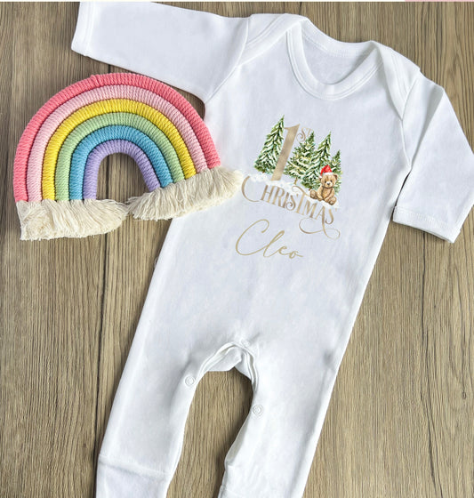 Gold bear 1st Christmas babygrow