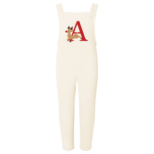 Cream embroidered initial reindeer overalls