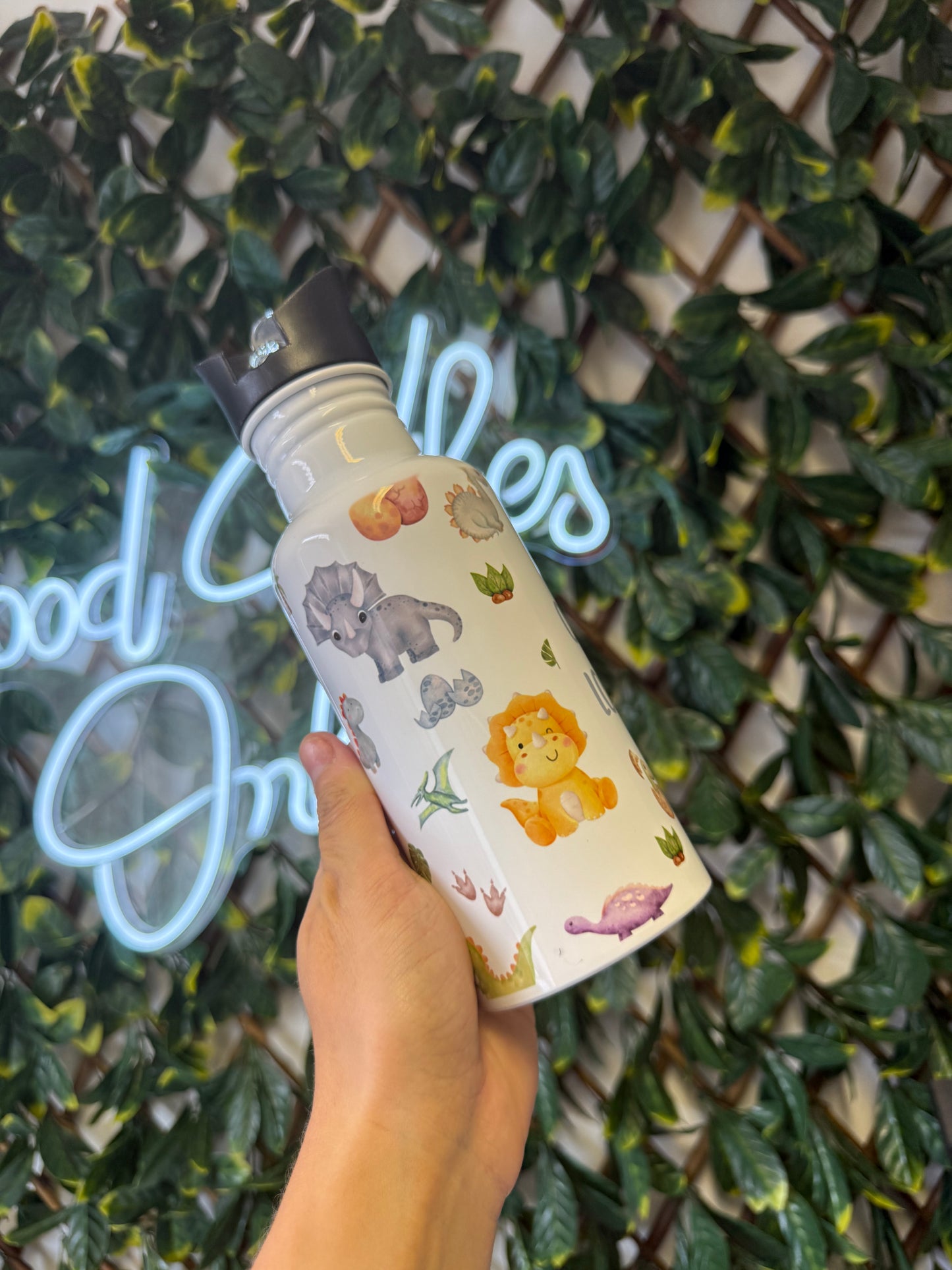 Stainless steel flip straw water bottle - dinosaur