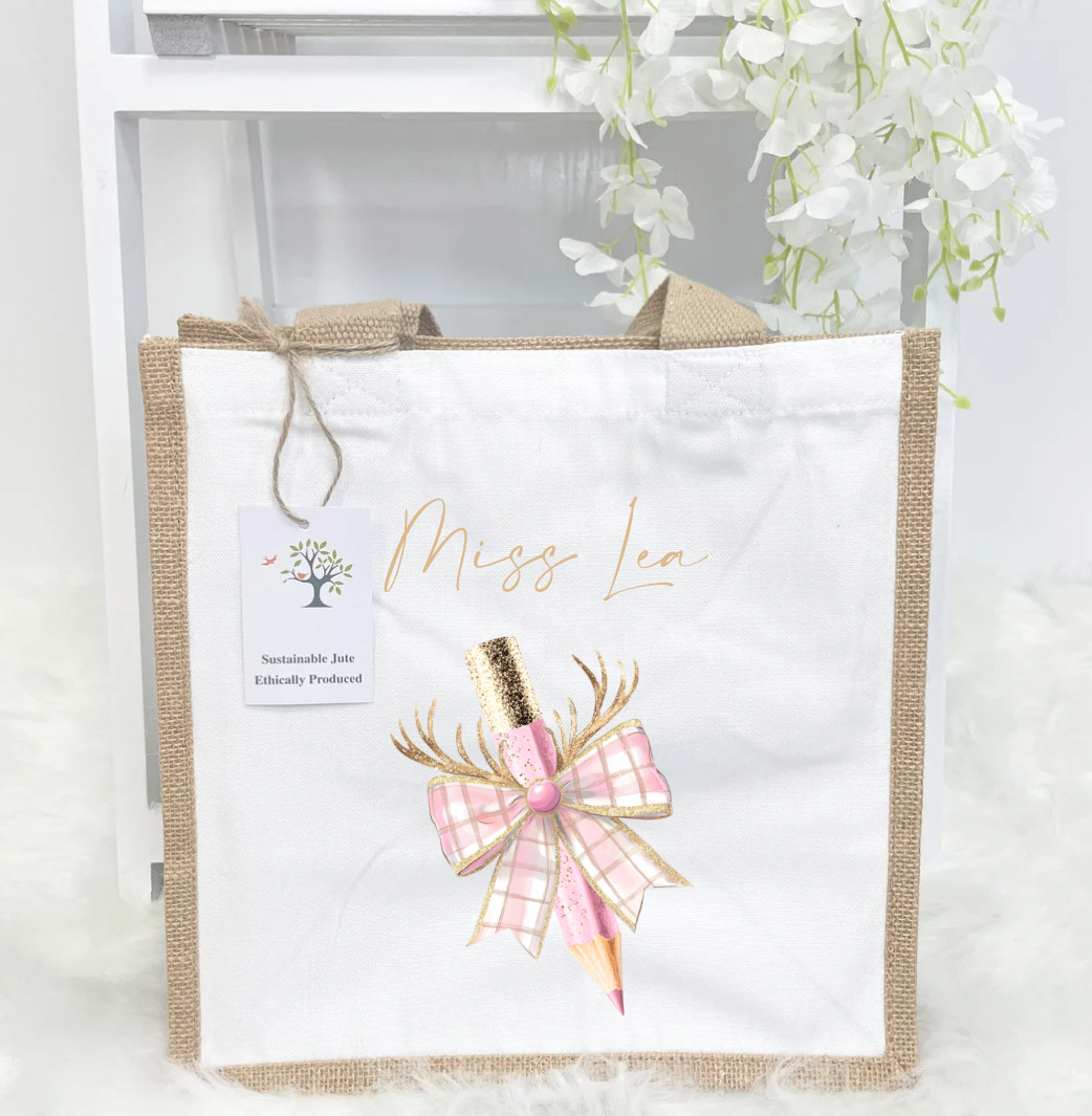 Pink bow pencil teacher jute bag