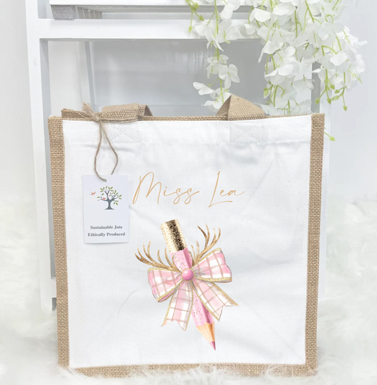 Pink bow pencil teacher jute bag