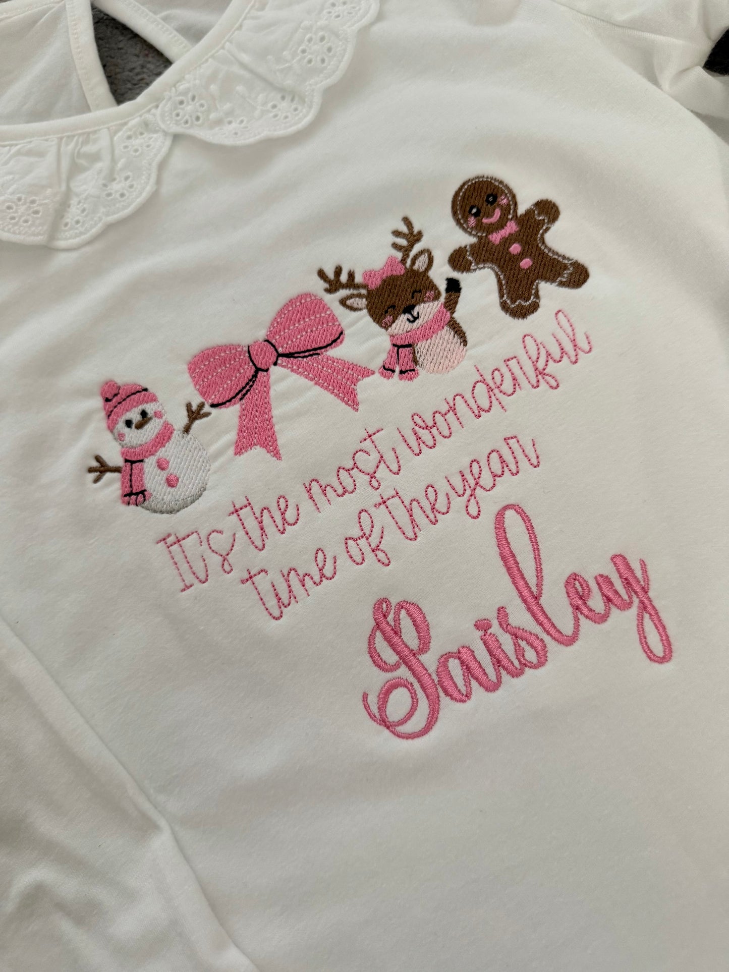 White frill embroidered Christmas pyjamas