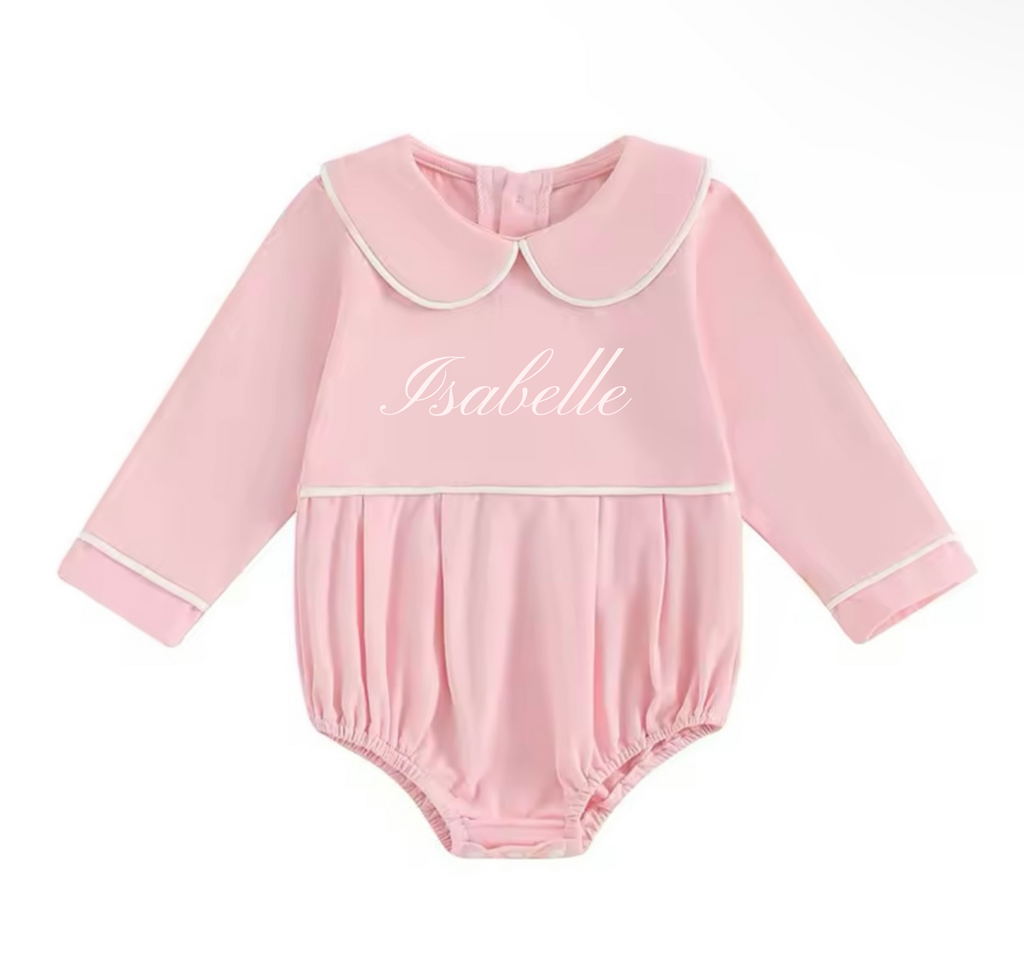 Embroidered Long sleeved collared romper - pink, blue or white