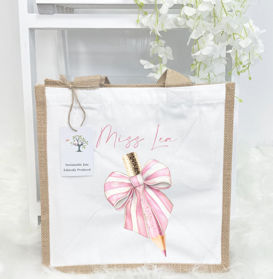 Pink pencil teacher jute bag