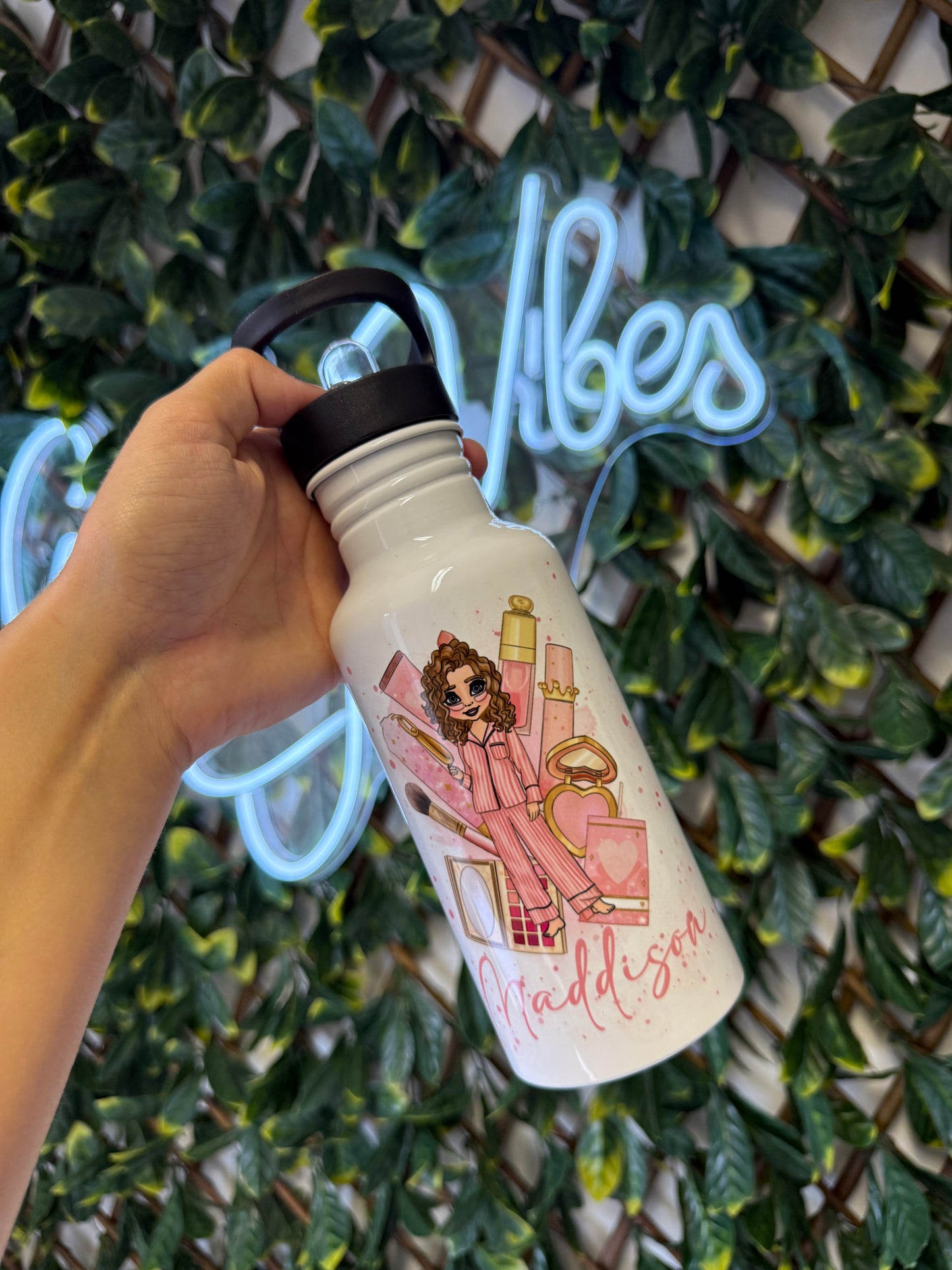 Stainless steel flip straw water bottle - make up girl