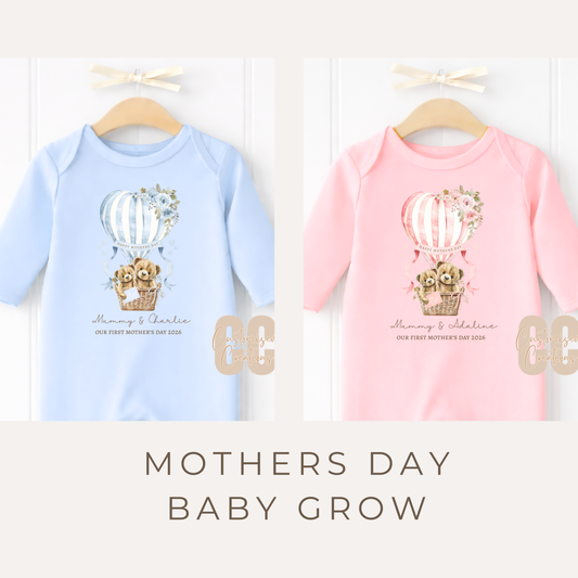 Mother’s Day Baby Grow – Hot Air Balloon Bear Design (Pink or Blue)