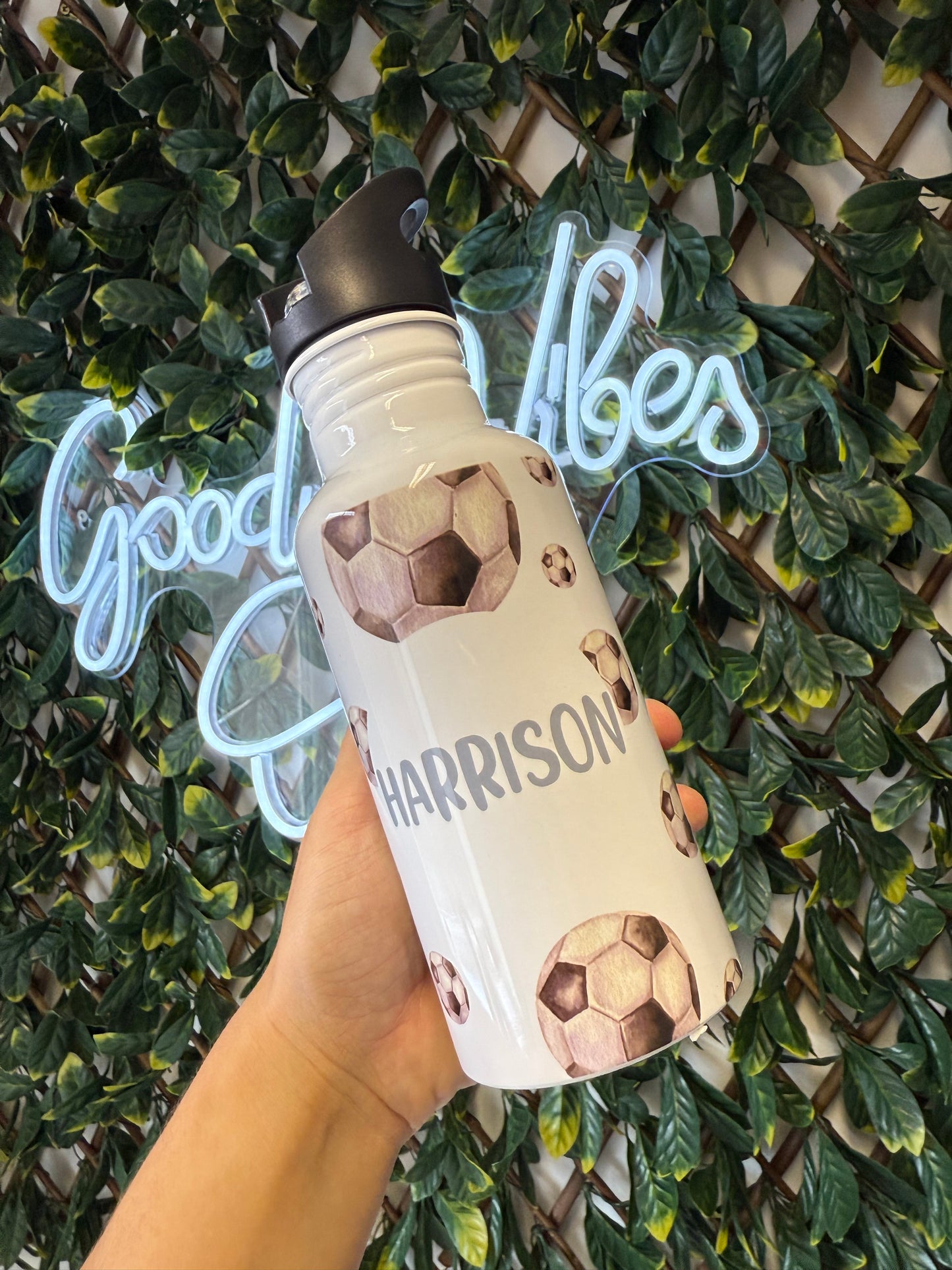 Stainless steel flip straw water bottle - football