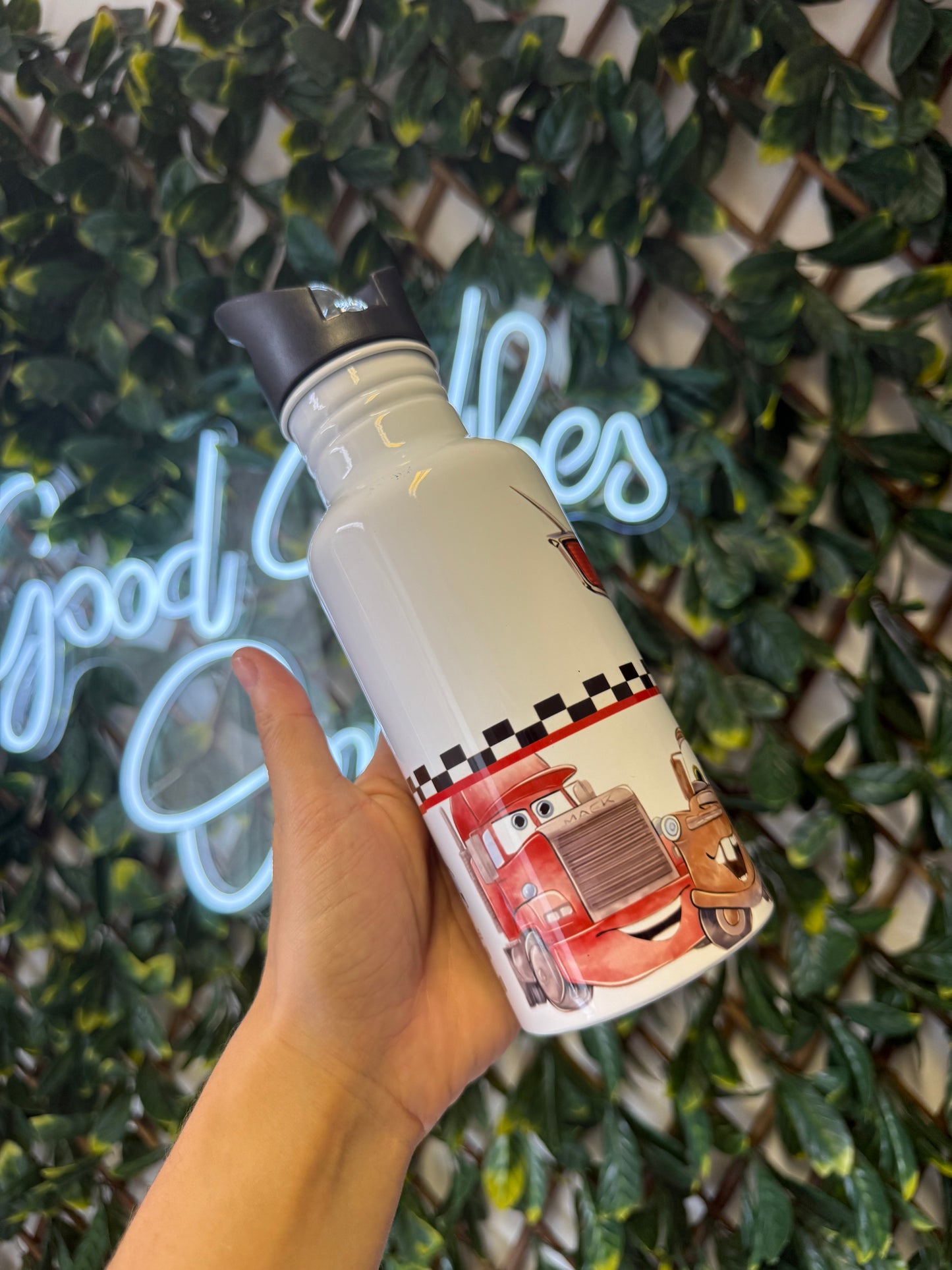 Stainless steel flip straw water bottle - cars