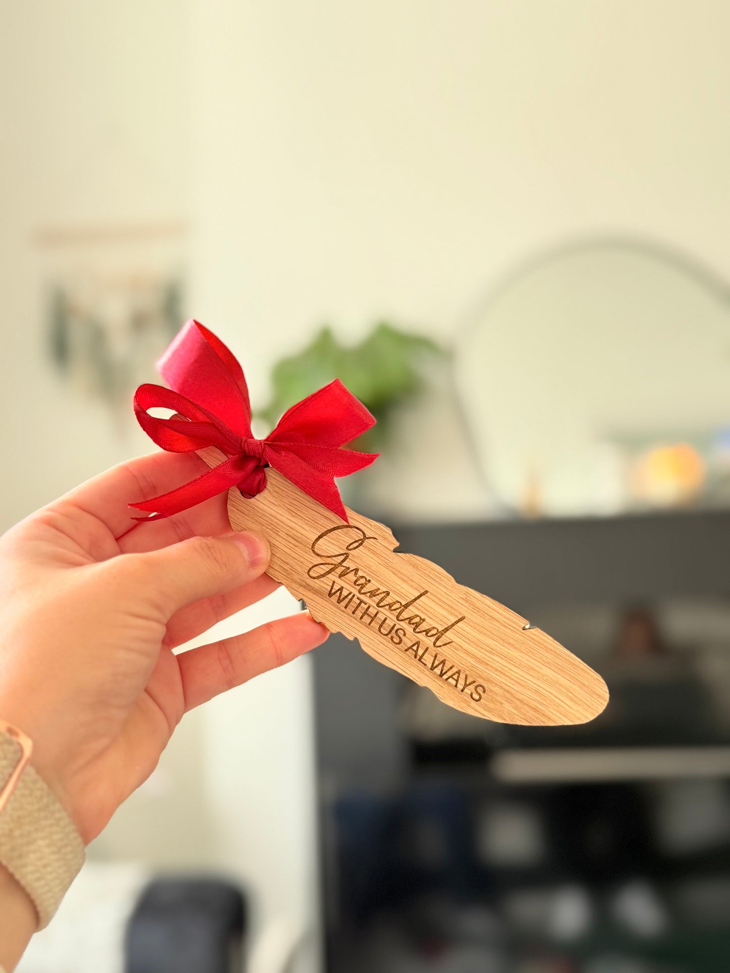 Wooden engraved Christmas feather bauble