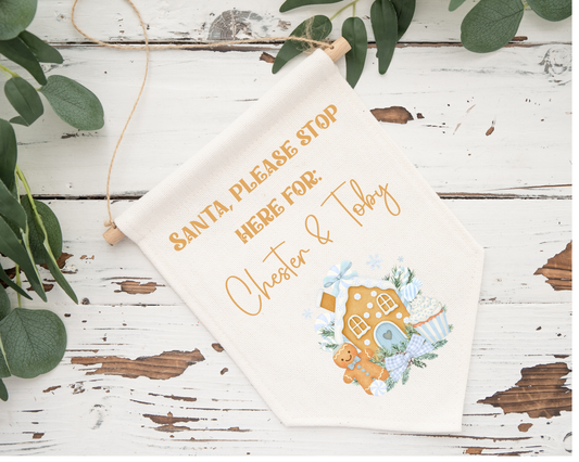 Christmas Santa stop here pennant - blue gingerbread