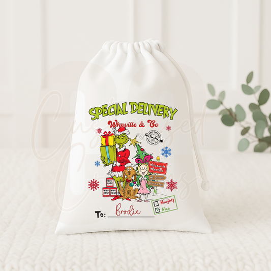 Christmas gift sack - special delivery grinch