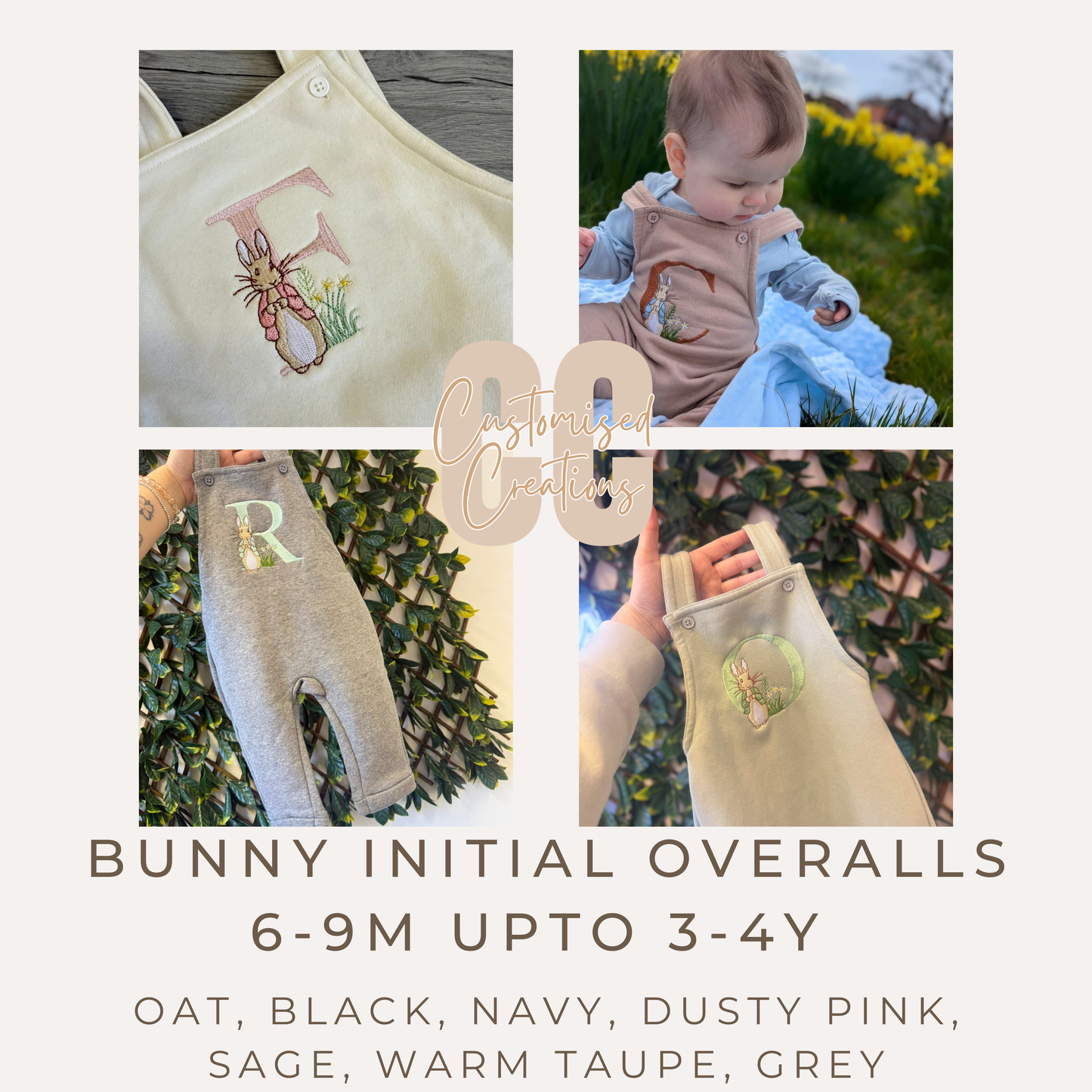 Personalised Overall Dungarees – Embroidered Initial Rabbit Design