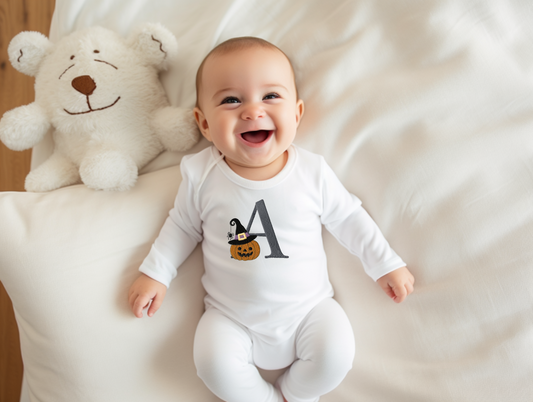 Halloween pumpkin initial embroidered babygrow