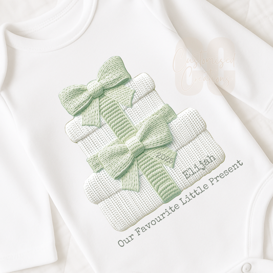 Sage Our favourite little present Christmas embroidery effect bib/babygrow/vest