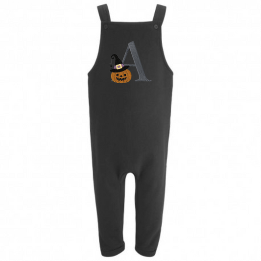 Black embroidered initial pumpkin Halloween overalls