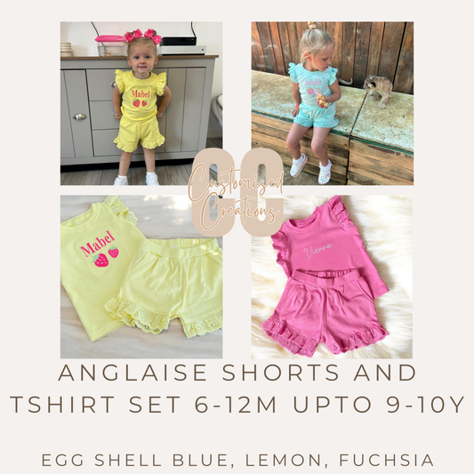 Personalised Anglaise Shorts & T-Shirt Set – Embroidered Name or Design (Ages 6–12m to 9–10y)