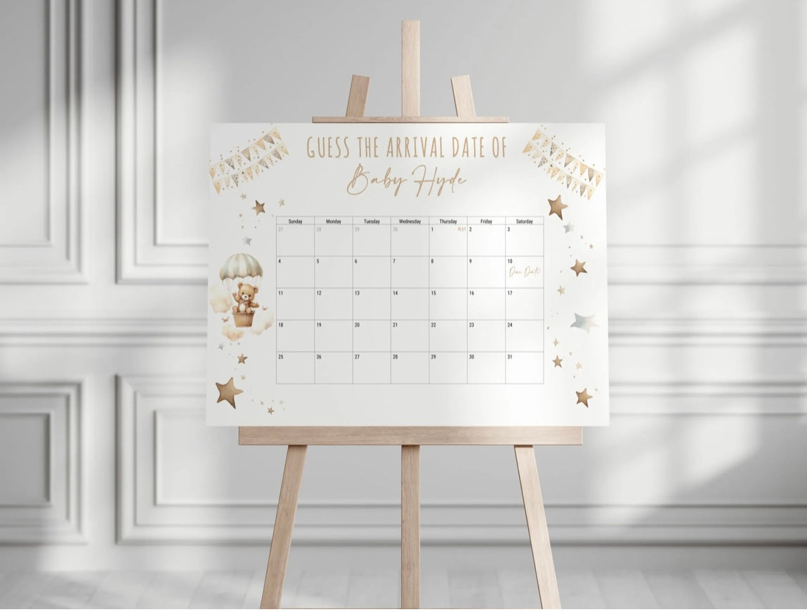 Bear In Hot Air Balloon Baby Shower Guess The Arrival Date Of Baby Board - Pink, Blue, Green, Neutral