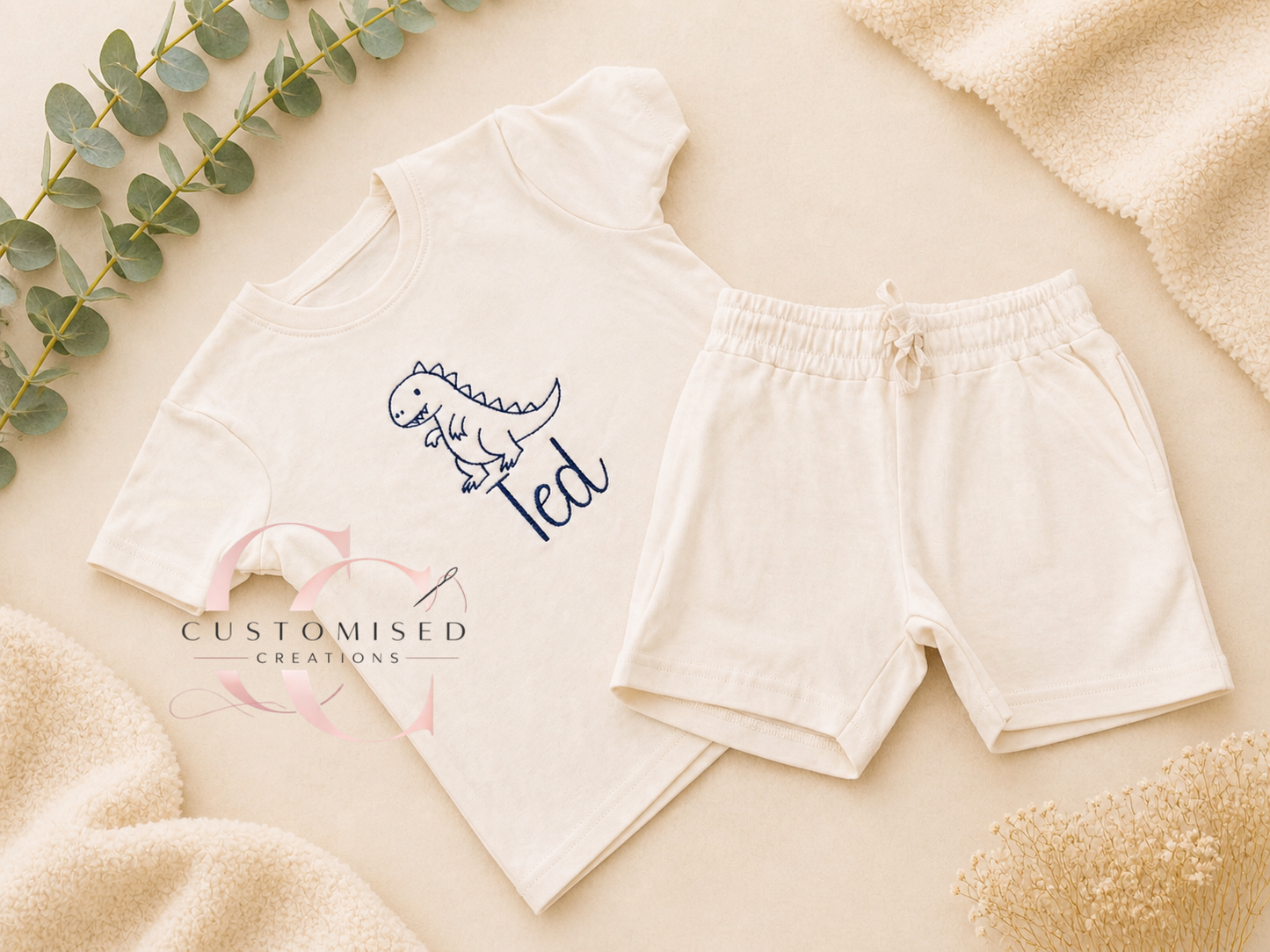 Embroidered Dinosaur shorts and tshirt